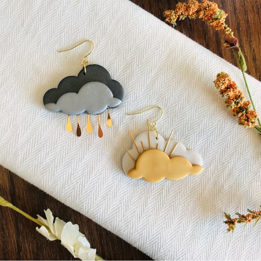 Handmade polymer clay dangly earrings sun and rain cloud